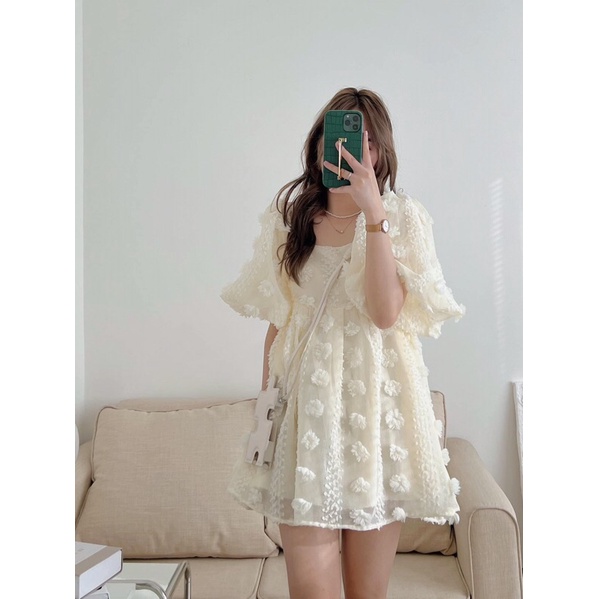 Áo váy babydoll hoa nổi tay bồng dễ thương Pea Store