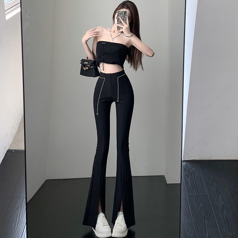 Quần Dài Ống Loe Lưng Cao Xẻ Tà Màu Đen Thời Trang Mùa Hè Cho Nữ