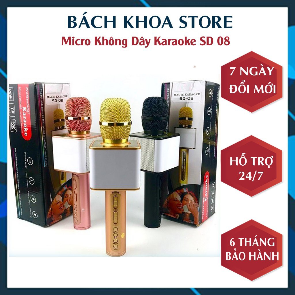 Micro Karaoke Bluetooth SD-08, Micro Không Dây Kèm Loa Nhỏ Gọn, Âm Thanh Siêu Chuẩn Tiện Dụng