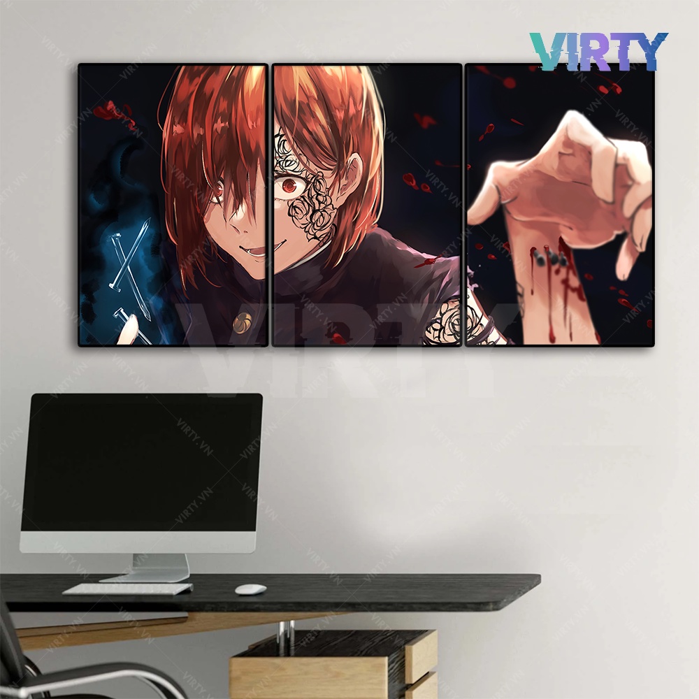 Bộ 3 Tranh treo tường anime JUJUTSU KAISEN kèm khung composite VIRTY Tranh Canvas decor phòng ngủ, phòng làm việc ANIME