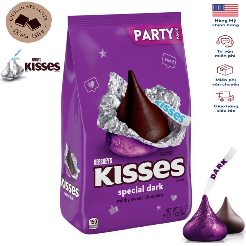Kẹo socola Mỹ đen Hershey's Kisses special dark túi tím 910g