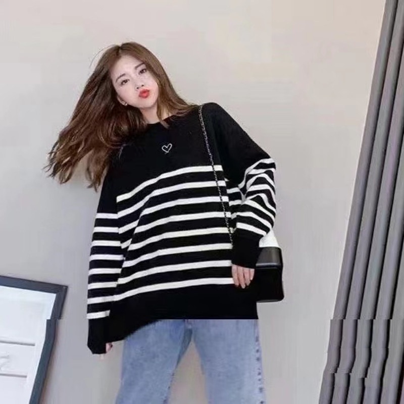 Áo Sweater Cổ Tròn Dáng Rộng Kẻ Sọc Đen Trắng Hợp Thời Trang211208