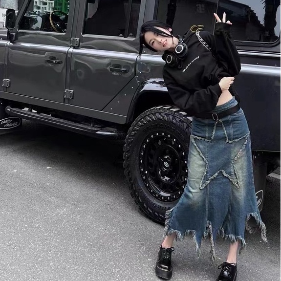 Chân Váy Jean Rách Ba Chiều Xuân Hè Phong Cách Retro Mỹ y2k Millennium y2k