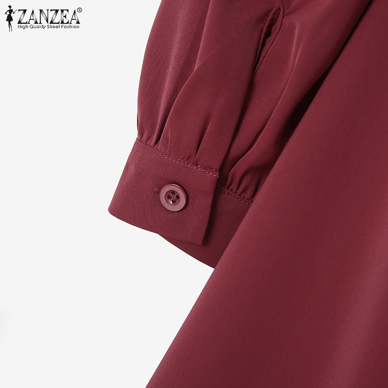 Đầm midi ZANZEA cổ rùa tay phồng ôm eo thời trang cho nữ