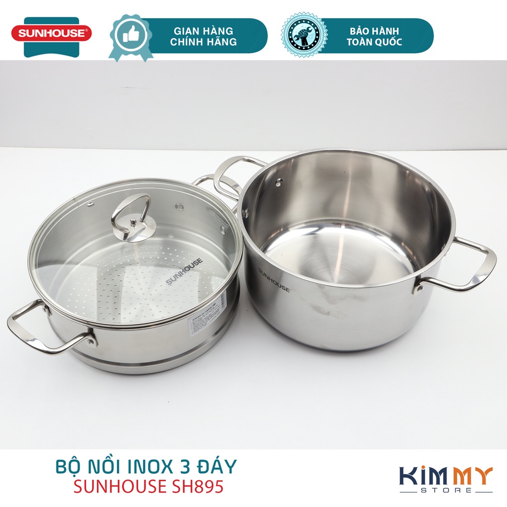 BỘ NỒI INOX 3 ĐÁY SUNHOUSE SHG895 KÈM XỬNG HẤP - DÙNG CHO MỌI LOẠI BẾP