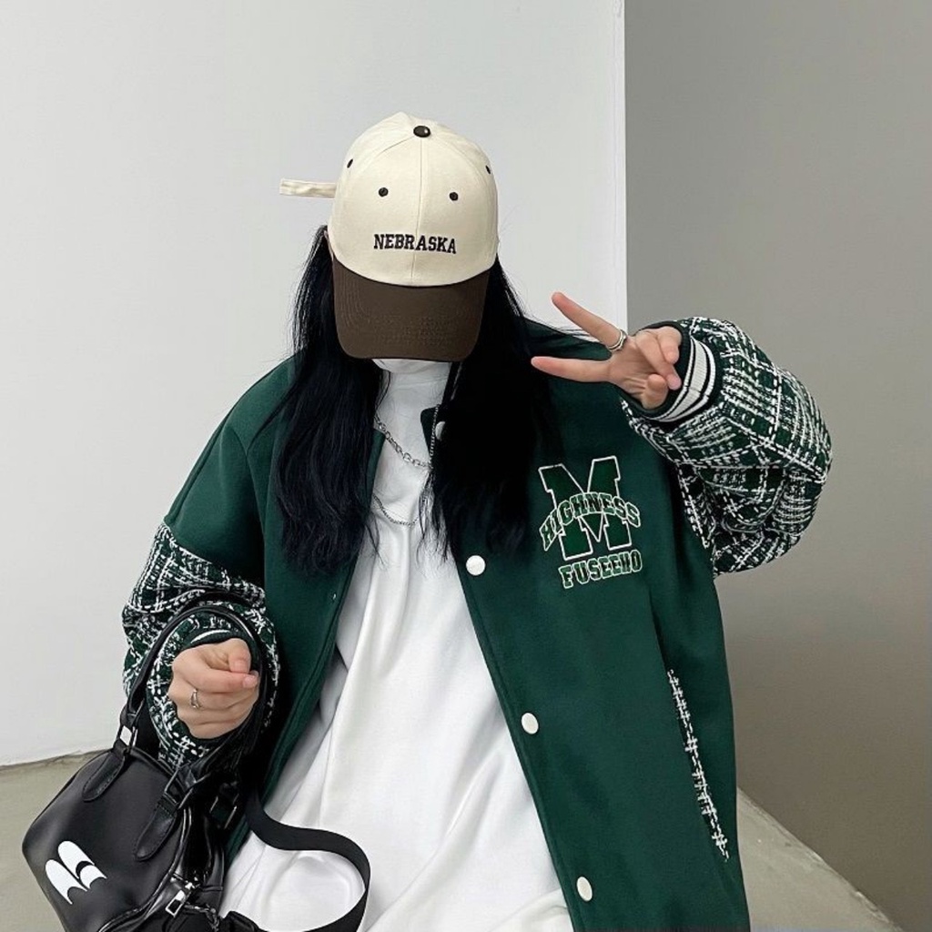 Khoác Bomber Nỉ Nam  Nữ Chữ M Tay Kẻ Bồng Bo Tay Dáng Rộng Unisex Uzzlang Thêu Phối Tay