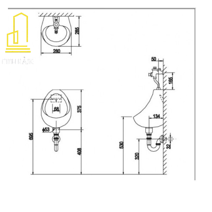 Bồn Tiểu Nam Treo Tường, Bồn tiểu nam thông dụng, màu trắng D26xR25XC39