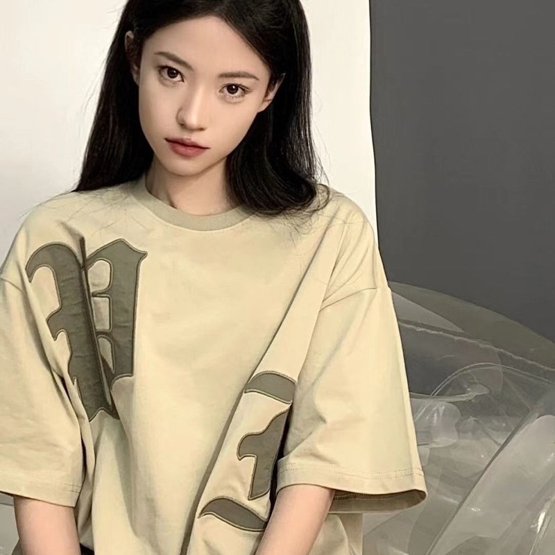 Áo Thun Tay Ngắn Dáng Rộng Thêu Chữ Kiểu Retro Hàn Quốc Dễ Thương Cho Nữ