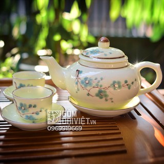 Bộ ấm chén bát Tràng men kem vẽ hoa đào xanh