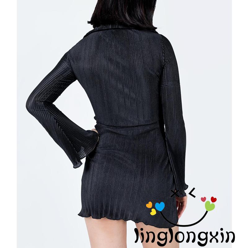 Đầm Dài Tay Dáng Ôm Cài Nút Màu Trơn Linglongxi2-fit