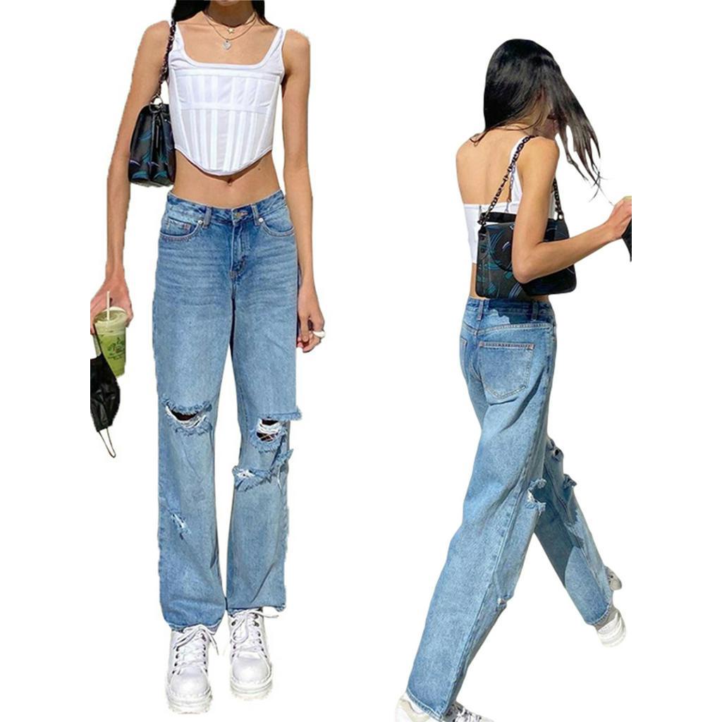 Quần Jeans Dài Rách Gối Lưng Cao Thời Trang Cho Phụ Nữ