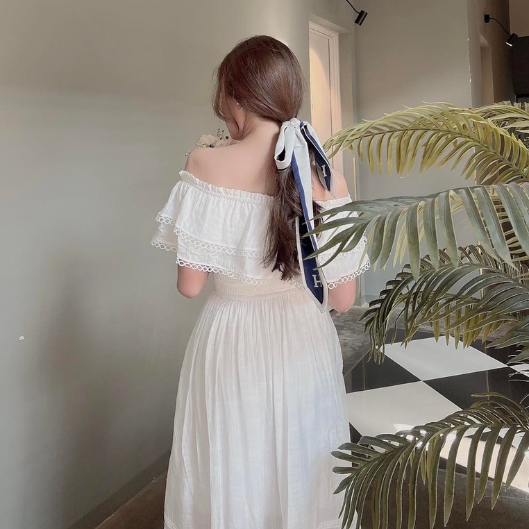 [Ảnh thật] Set áo trễ vai bèo chân váy midi viền ren siêu xinh