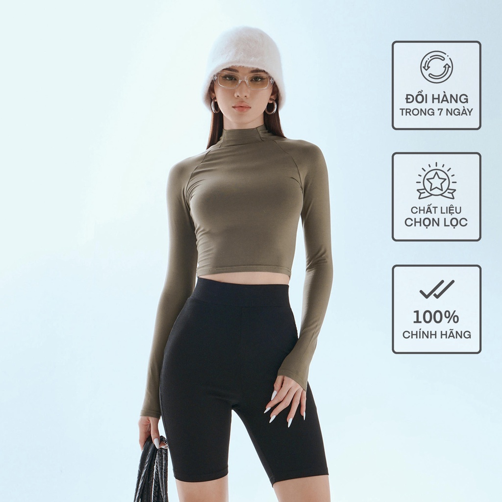 Áo Dài Tay Cổ 3cm Croptop Nữ BUSY Thun Rayon Cao Cấp Co giãn Ôm sát DT3C