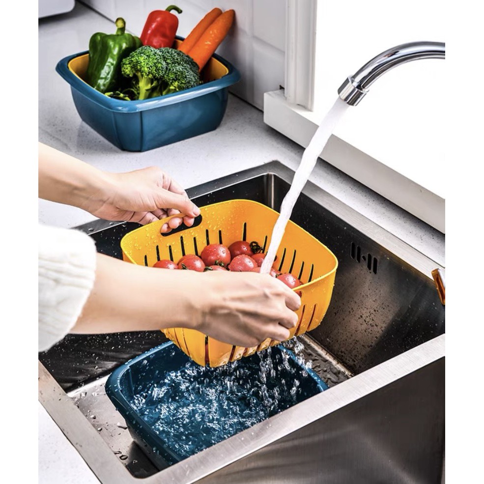 Set rổ nhựa 3 chi tiết có rổ, chậu và nắp đậy. Bảo quản thực phẩm, hoa quả mà không lo mất nước