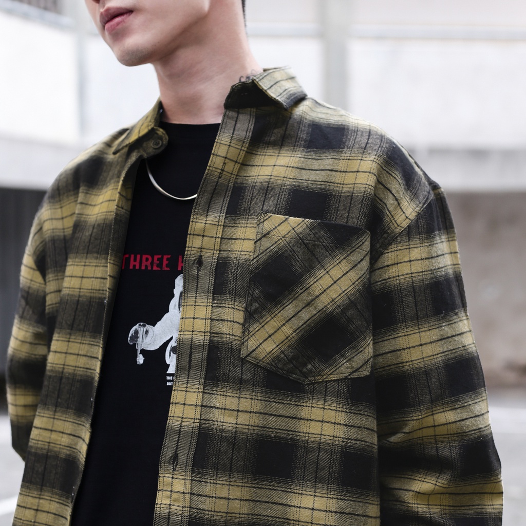 Áo Sơ Mi Sọc Đen Vàng Phối Khăn Flannel Khăn Badana Sau Lưng Chất Liệu Cotton Thoải Mái Phong Cách Đường Phố