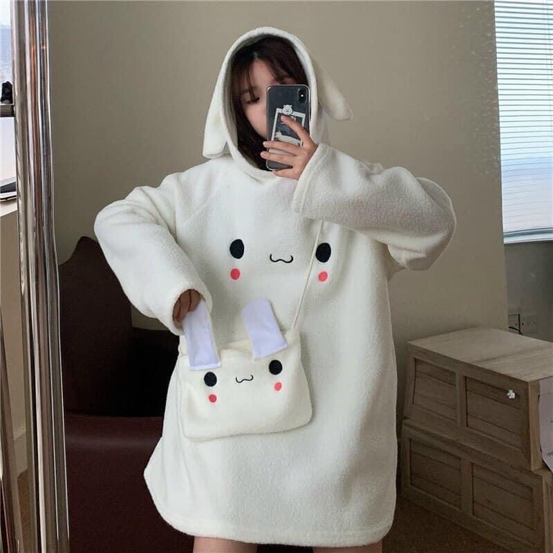 Áo lông thỏ hoodie kèm túi