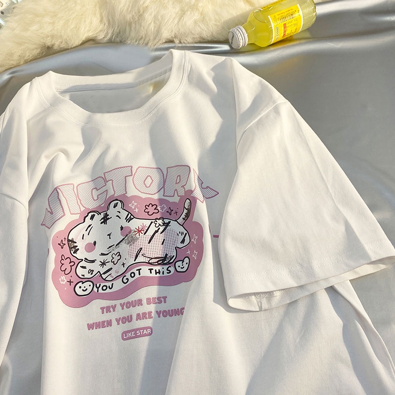 NRVP Áo thun tay ngắn cổ tròn in hình mèo 100% từ cotton thời trang phong cách Hàn Quốc cho nữ