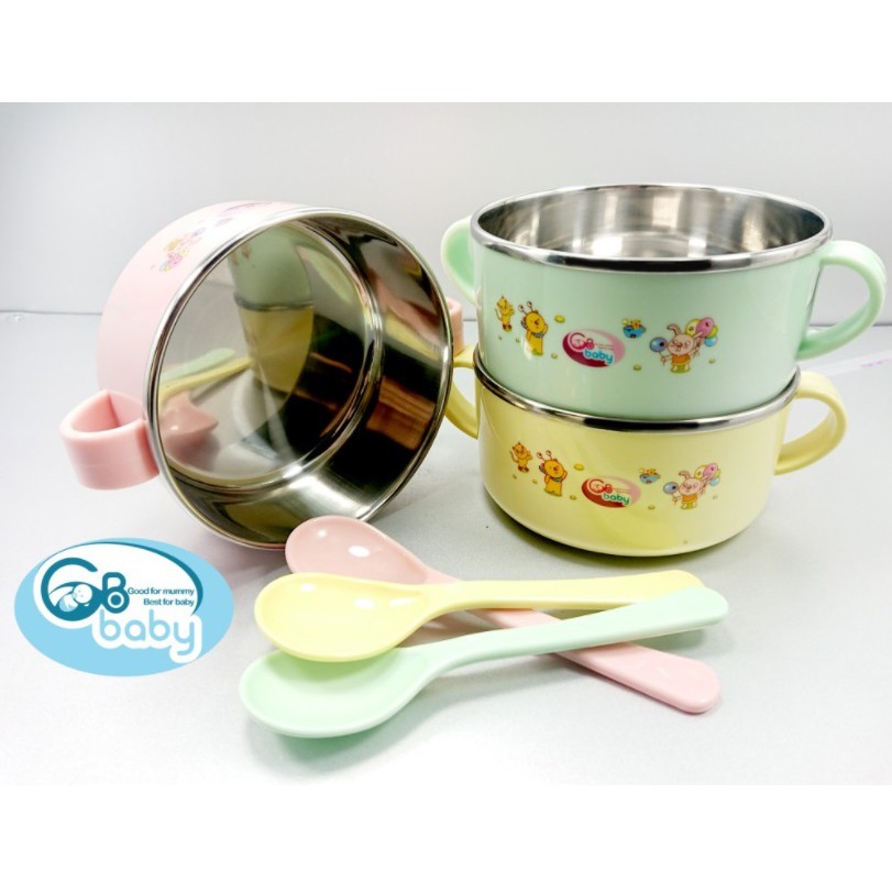 Bát ăn inox giữ nhiệt kèm thìa nhựa có nắp đậy ăn dặm cho bé GB BABY- 8818