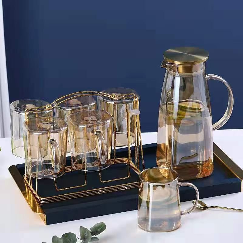 [ kèm ảnh thật ] Bộ bình 6 cốc thủy tinh chịu nhiệt ánh vàng,bạc . Bộ bình thủy tinh đựng nước
