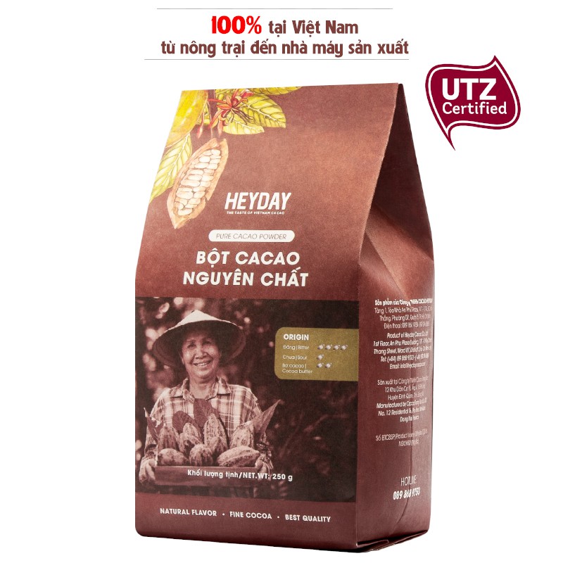 Bột cacao nguyên chất 100% không đường Heyday - Dòng Origin thượng hạng - Túi giấy 250g