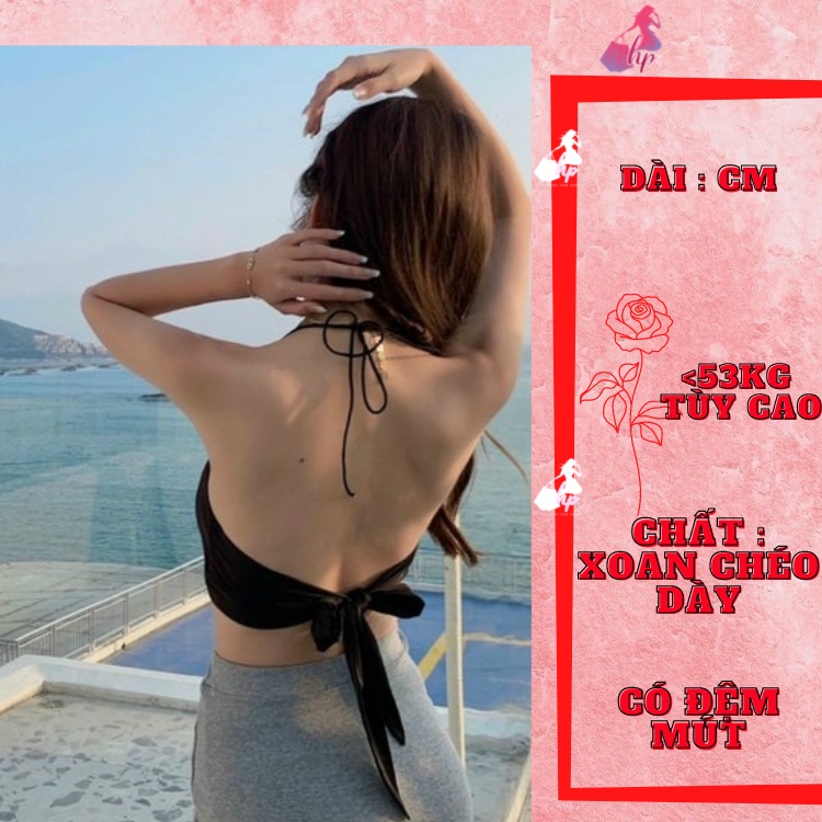 Áo yếm hở lưng tà nhọn, áo croptop cột dây có mút ngực màu đen trắng kiểu hàn quốc tôn dáng A173
