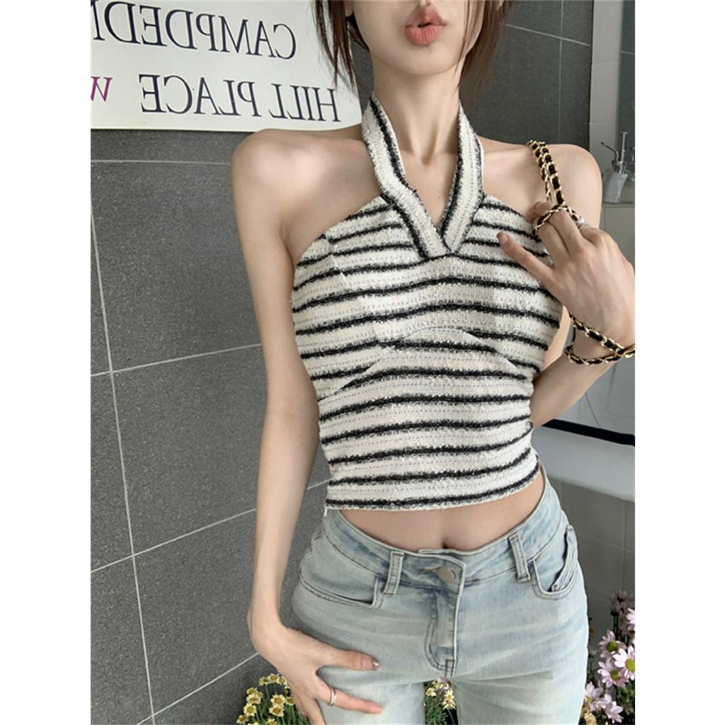 QADCOL Áo Lửng Hai Dây Dáng Ôm Họa Tiết Kẻ Sọc Thời Trang Mùa Hè Mới Dành Cho Bạn Nữ
