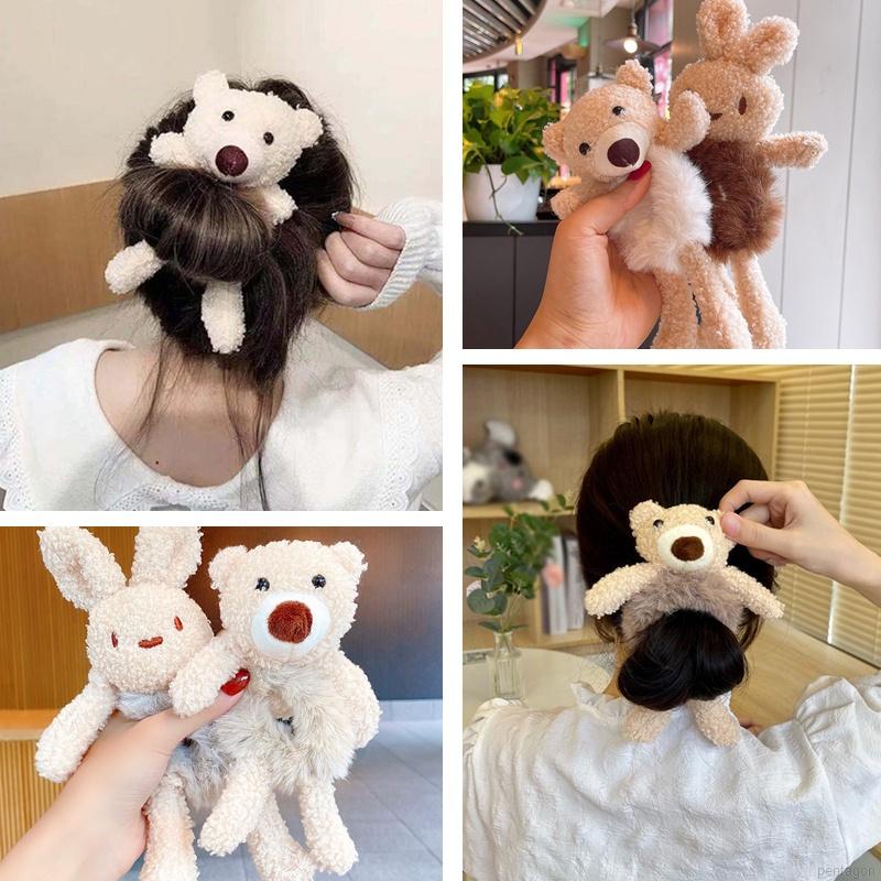 Dây Cột Tóc Cao Su Co Giãn Phối Lông Hình Gấu Dễ Thương Phong Cách Hàn Quốc Cho Nữ