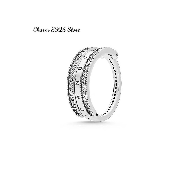 Nhẫn đeo tay pan viền đá trắng Flipping Hearts bạc s925 hàng cao cấp