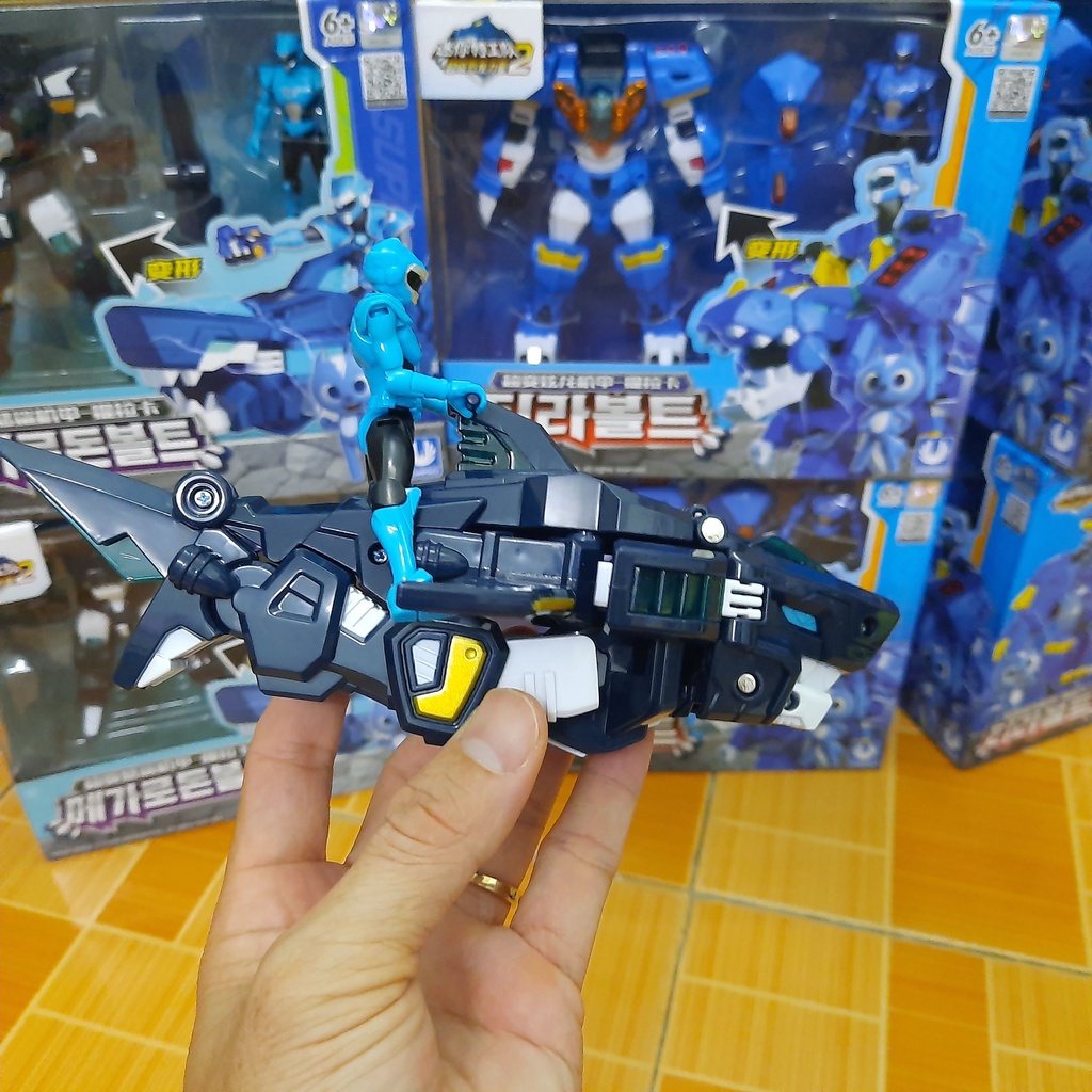 Đồ chơi biệt đội siêu nhân nhí mùa 2 Robot siêu khủng long cá mập Megalodon và Siêu nhân Volt