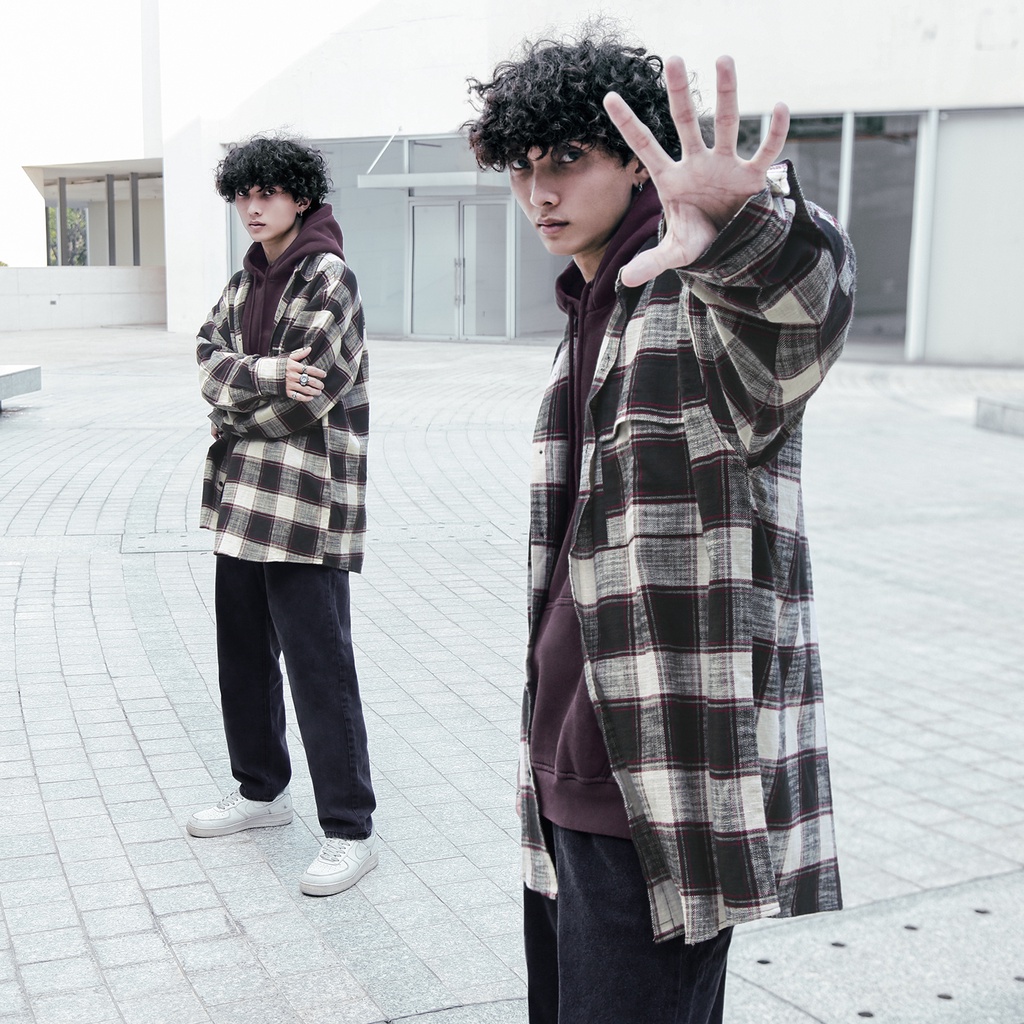 Áo Sơ Mi Flannel Màu Kem Sọc Đỏ Form Rộng Thoải Mái Chất Liệu Cotton Thoáng Mát