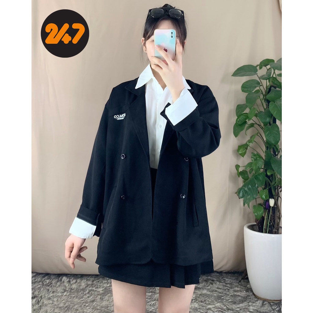 Áo Blazer Vest Nữ Khoác Ngoài Dài Tay Màu Đen,Túi Ngực Giả, Chữ Thêu EDM.CO 160819 Chất Dày Dặn Kiểu Dáng Trẻ Trung Blaz