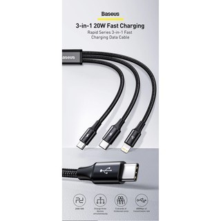 Cáp sạc nhanh 20w 3 đầu type c to lightning typec micro dây bọc dù chống gãy gập độ dài 1,5m chính hãng baseus