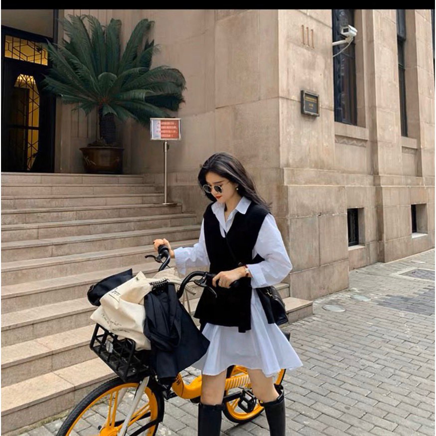 Set đầm sơ mi trắng đuôi cá + gile ngoài | BigBuy360 - bigbuy360.vn