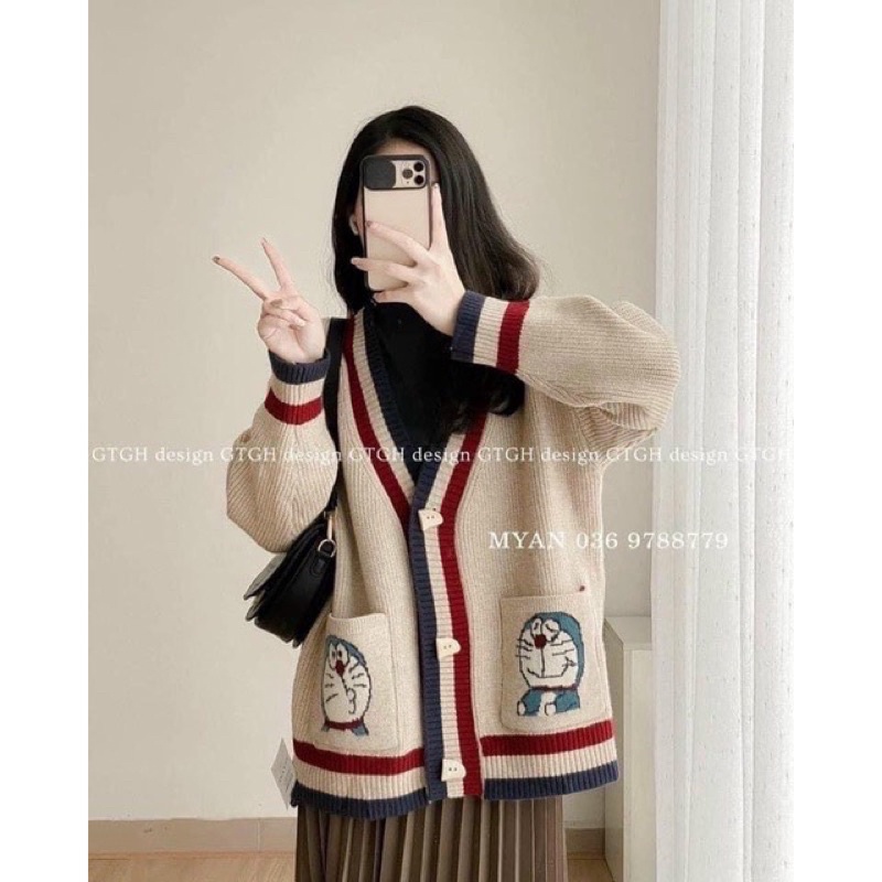 Áo khoác len cardigan viền hoạ tiết doremon siêu xinh