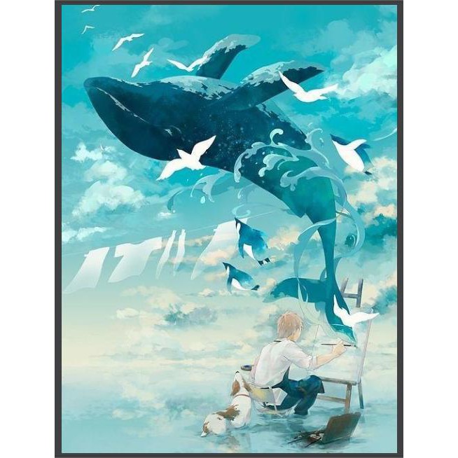 Tranh sơn dầu số hóa rẻ,đẹp-tranh tô màu theo số- tranh cá voi và đàn, Tặng khăn,khung gỗ 40x50-Moonshop-T4