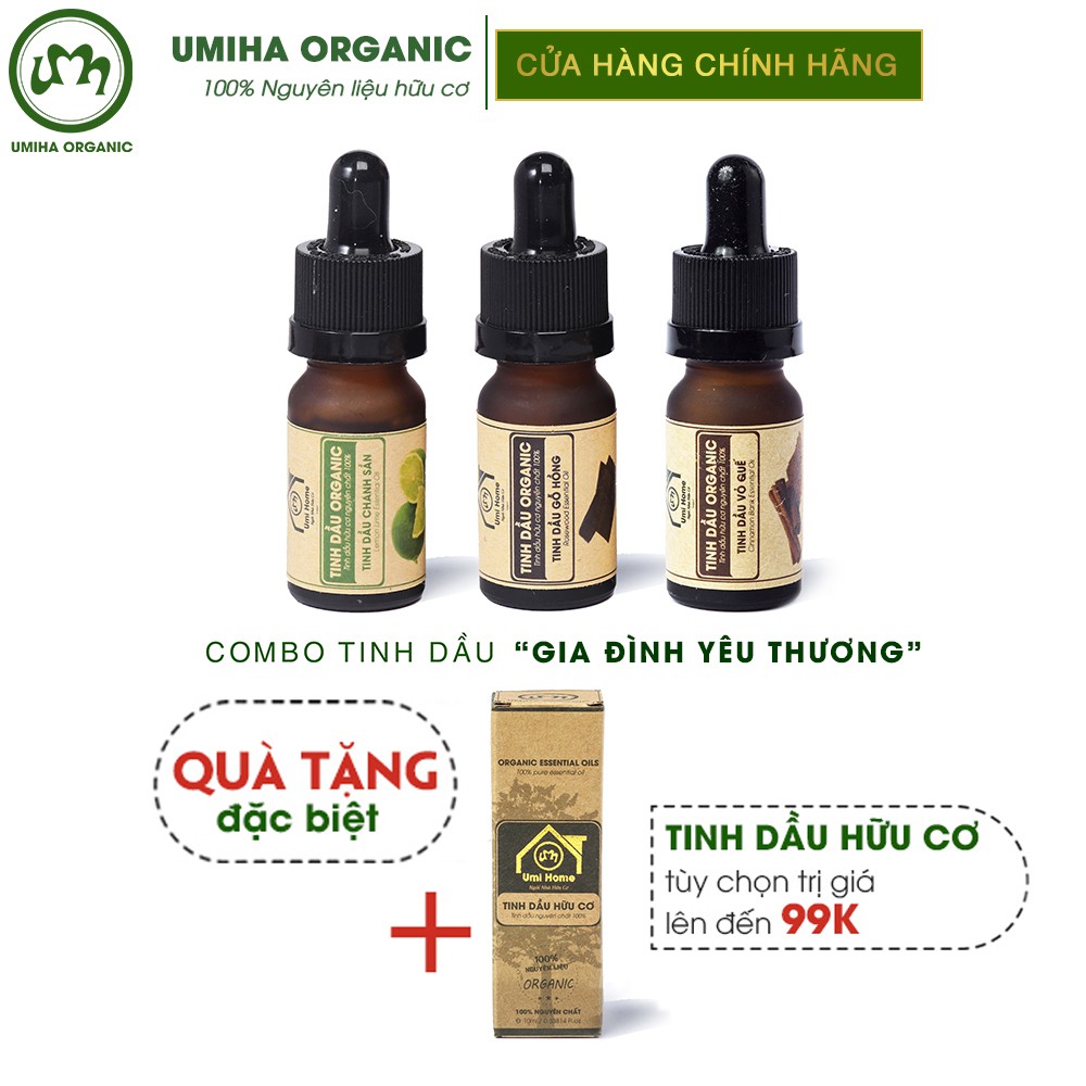 Combo 3 lọ Tinh Dầu UMIHA gồm - Gỗ Hồng, Vỏ Quế, Chanh Lime (10mlx3) - Hữu cơ nguyên chất