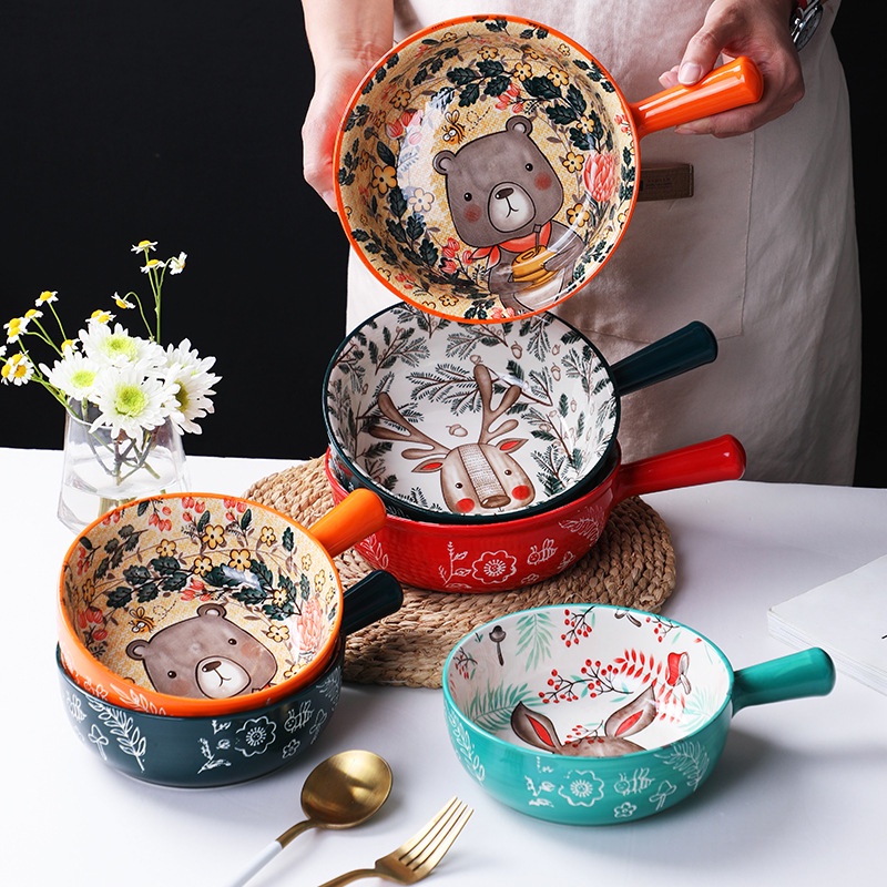 Bát Gốm Sứ Có Tay Cầm Họa Tiết Hoạt Hình Sáng Tạo Đựng Thức Ăn Sáng / Salad / Cơm Trưa