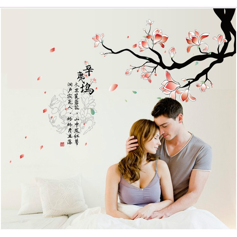 Decal trang trí tường - 2 Cành hoa hồng trắng nhạt hữu tình sắc màu