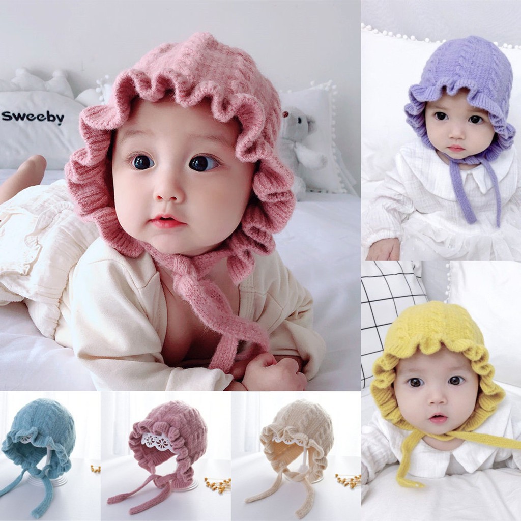 Mũ len nhún bèo màu trơn thiết kế dây buộc dễ thương cho bé gái