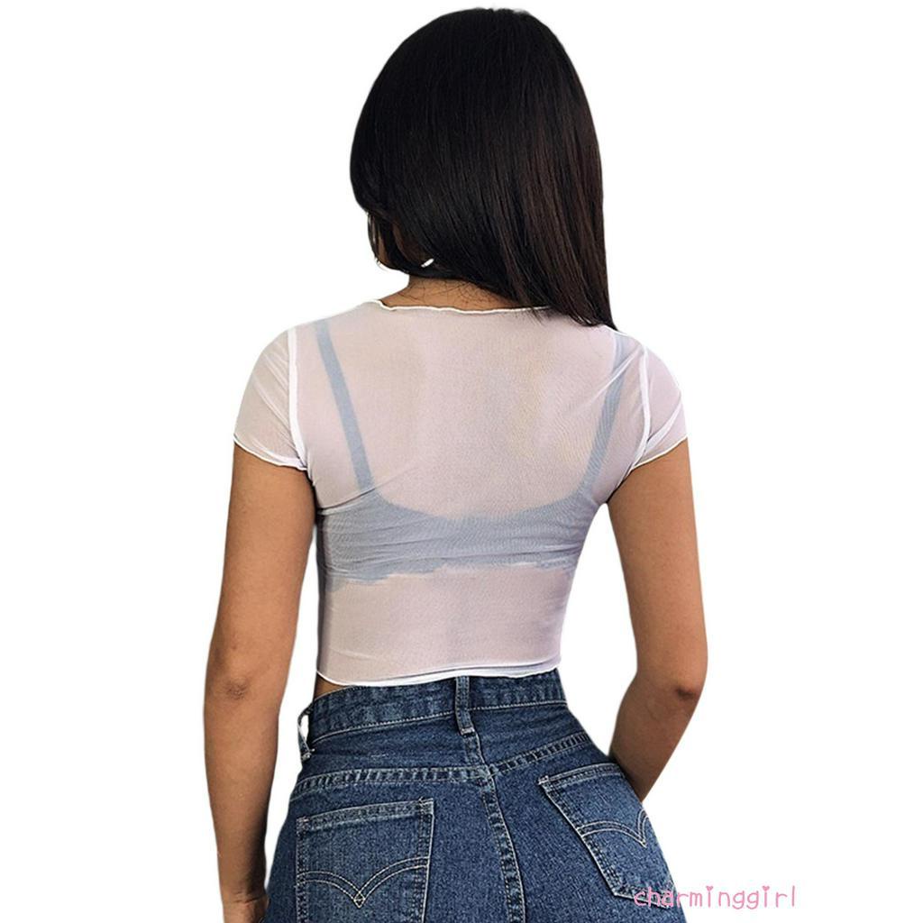 Áo Thun Lửng Ngắn Tay Xuyên Thấu Gợi Cảm Cho Nữ