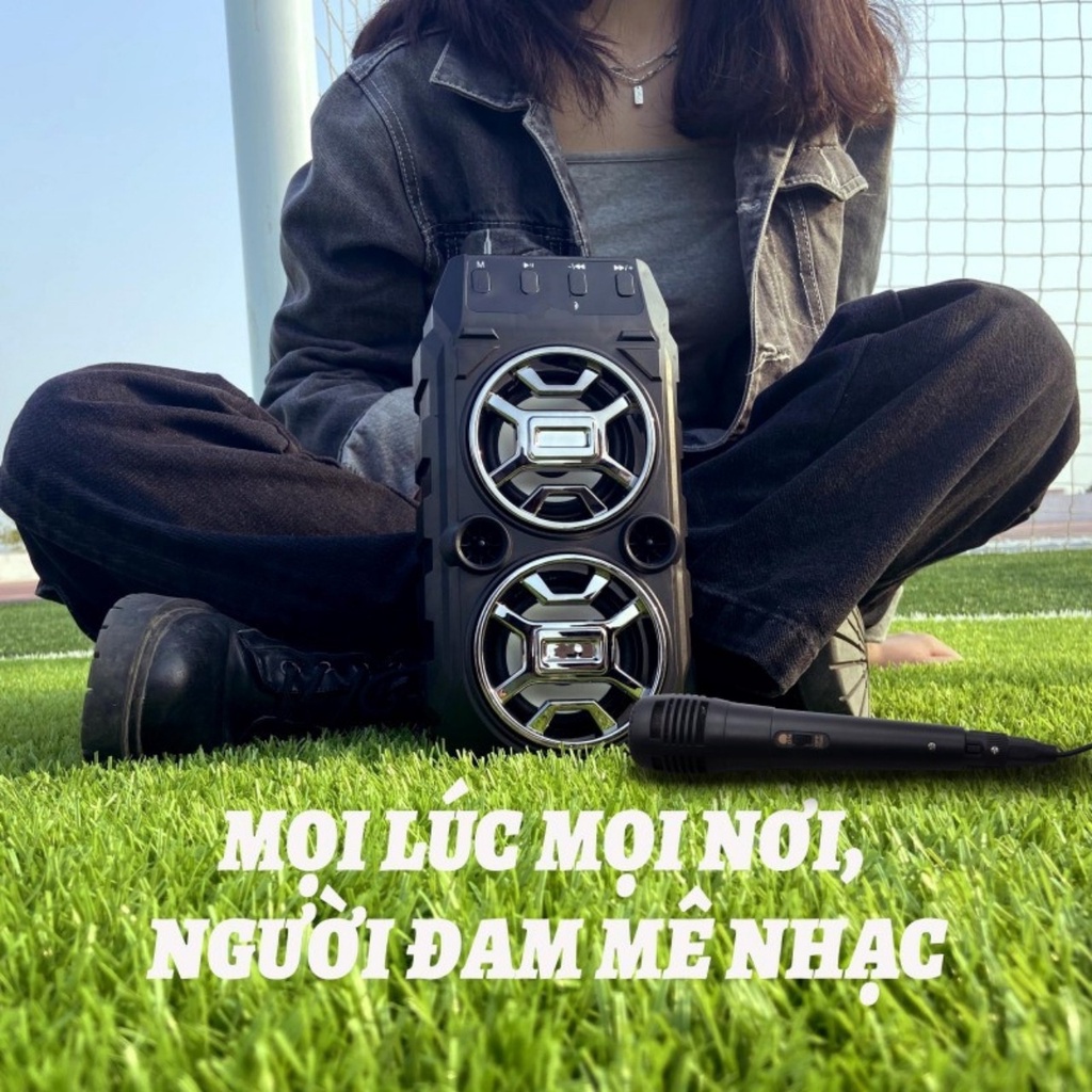 Loa Bluetooth Karaoke Mini Kèm Mic Hát Karaoke Có Dây Đèn Led Hỗ Trợ USB Và Thẻ Nhớ - Loa Kẹo Kéo Đi Phượt