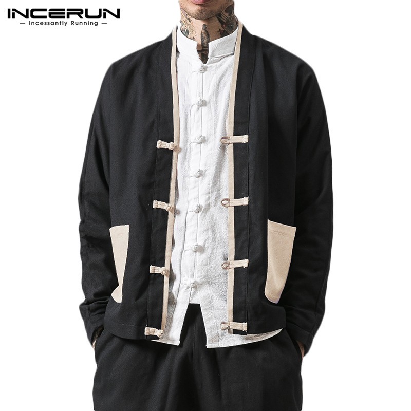 INCERUN Áo khoác Kimono cotton dài tay cho nam