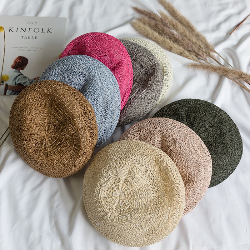 Mũ Beret Đan Bằng Cotton Lanh Thoáng Khí Màu Sắc Đơn Giản Phong Cách Nhật Bản