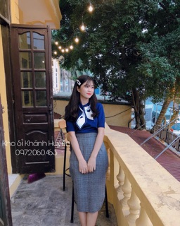 Set len cổ nơ áo xanh