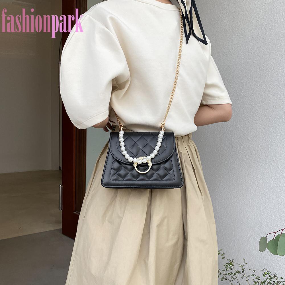 (FAS) Fashion Women Lattice Pattern PU Crossbody Bag Casual Pearl Chain Handbags