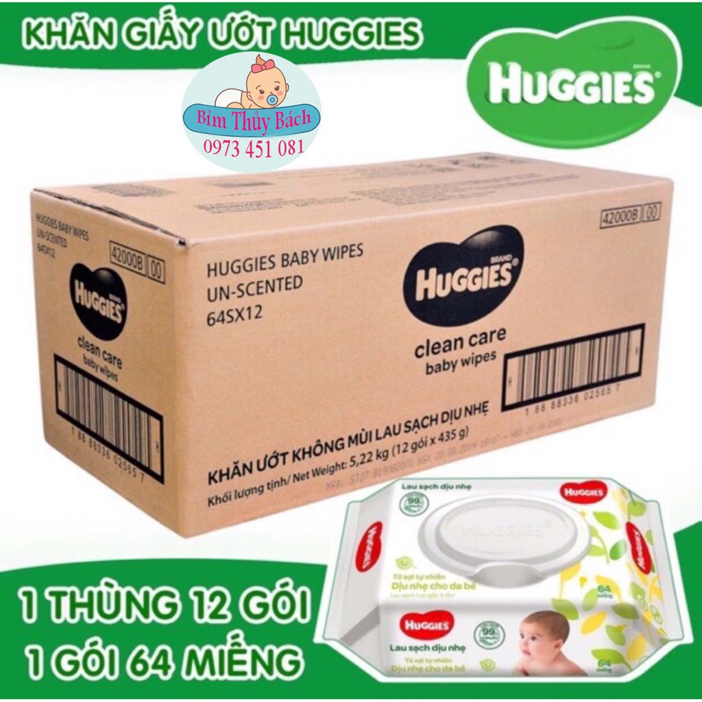 Thùng 12 gói khăn giấy ướt cho trẻ sơ sinh HUGGIES Gói 64 tờ