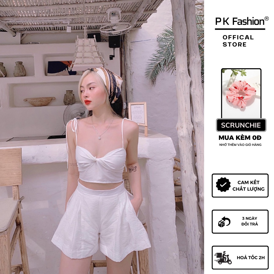 Set Áo Dây Xoắn Ngực Kèm Quần Rống Rộng Chất Đũi Mềm (TRẮNG+XANH)