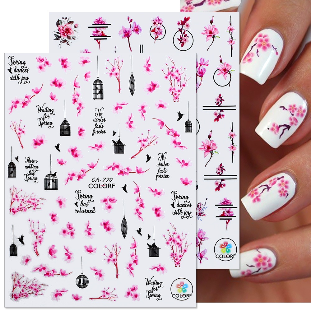 Nhãn Dán Móng Tay Tự Dính Họa Tiết Hoa Lá Mùa Xuân Hè 3D