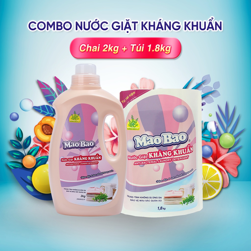 Nước Giặt Quần Áo Kháng Khuẩn Mao Bao Bộ 1 Chai 2000g và 1 Túi 1800g