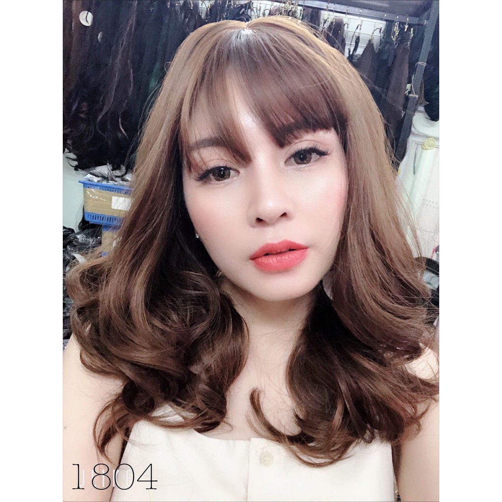 Tóc giả nữ nguyên đầu xoăn ngang vai, tóc bộ cả đầu mái thưa hàn quốc